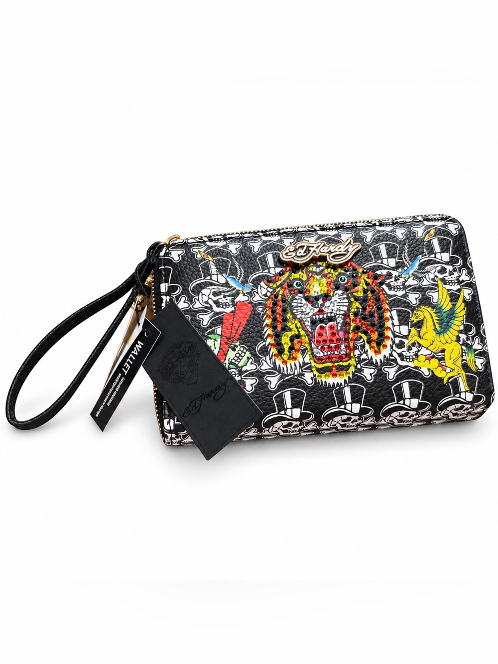 Ed Hardy Rhinestone Tiger Double Zip Wristlet Wallet NWT
